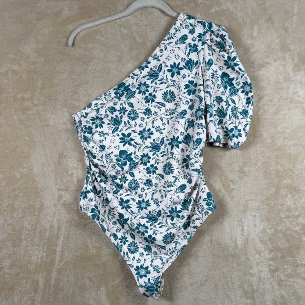Intimately Free People One Shoulder Puff Sleeve Floral Bodysuit Teal Cream L